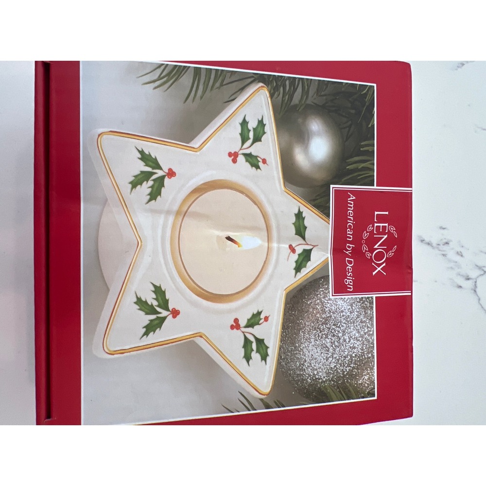 Lenox Holiday Star Votive Porcelain Candle Holder Holly Berry Gold Trim - Picture 1 of 8